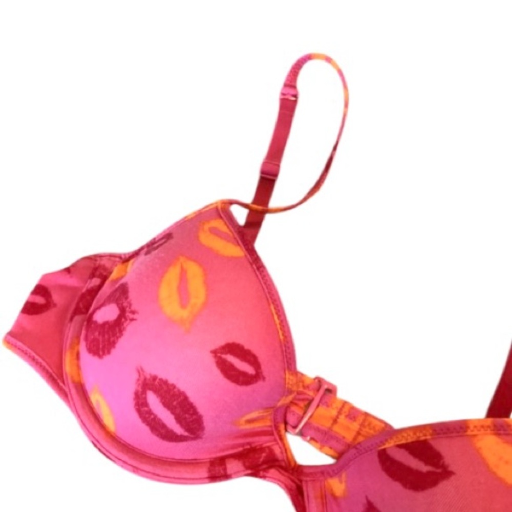 Flirtitude Kiss Print Bikini Top Pink and Orange Lips Swim Top Swimsuit Bra 34A - Picture 2 of 11